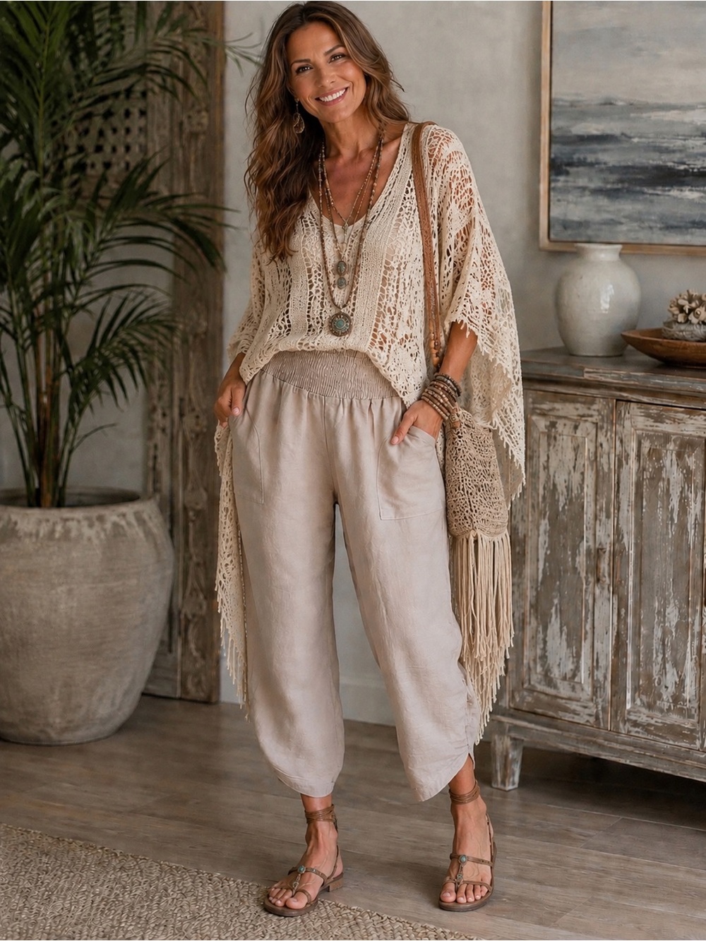 Grewley Smocked High-Waist Beige Linen-Blend Cropped Pants With Pockets L